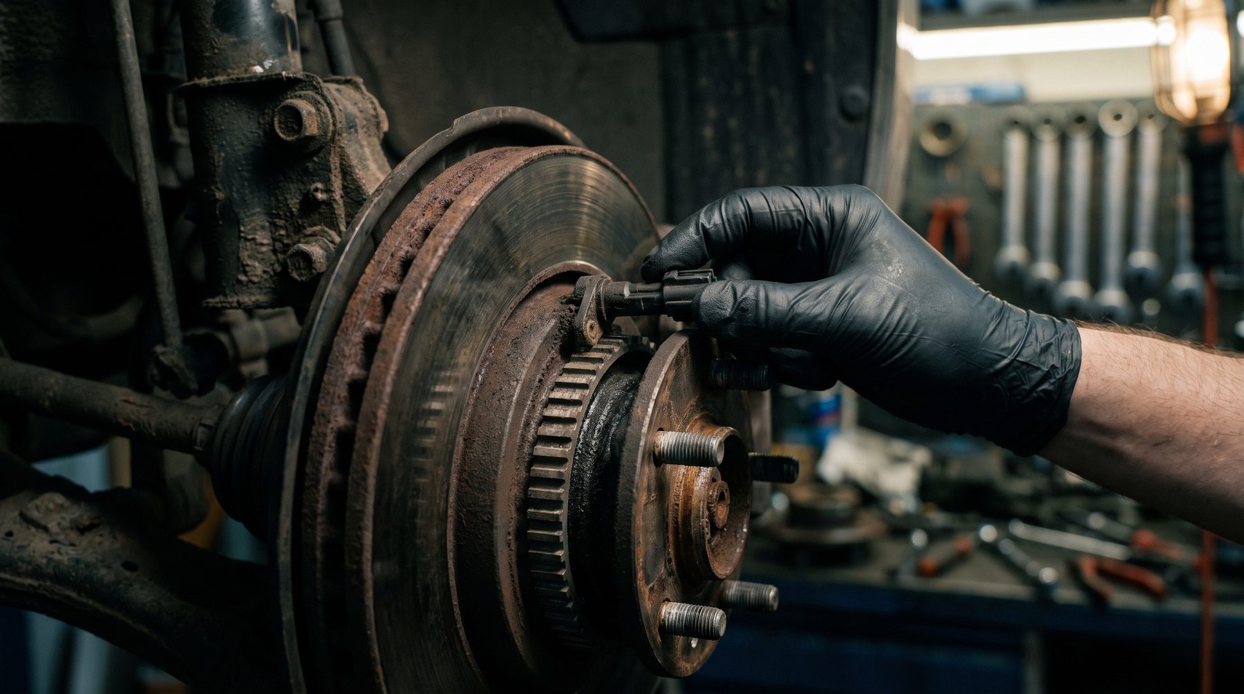 ABS wheel speed sensor and reluctor ring beside a brake disc