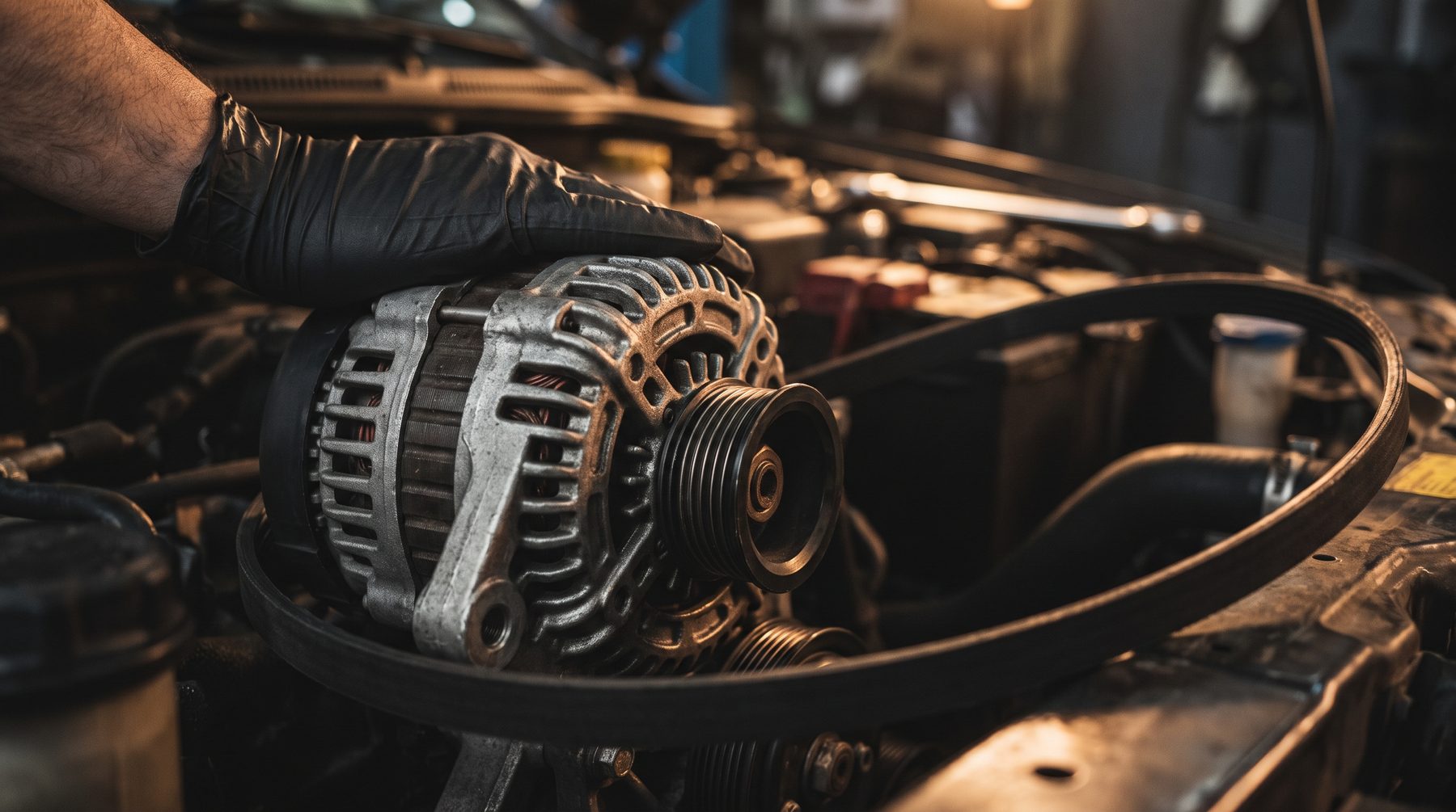 Car alternator with cooling fins and pulley mounted on an engine