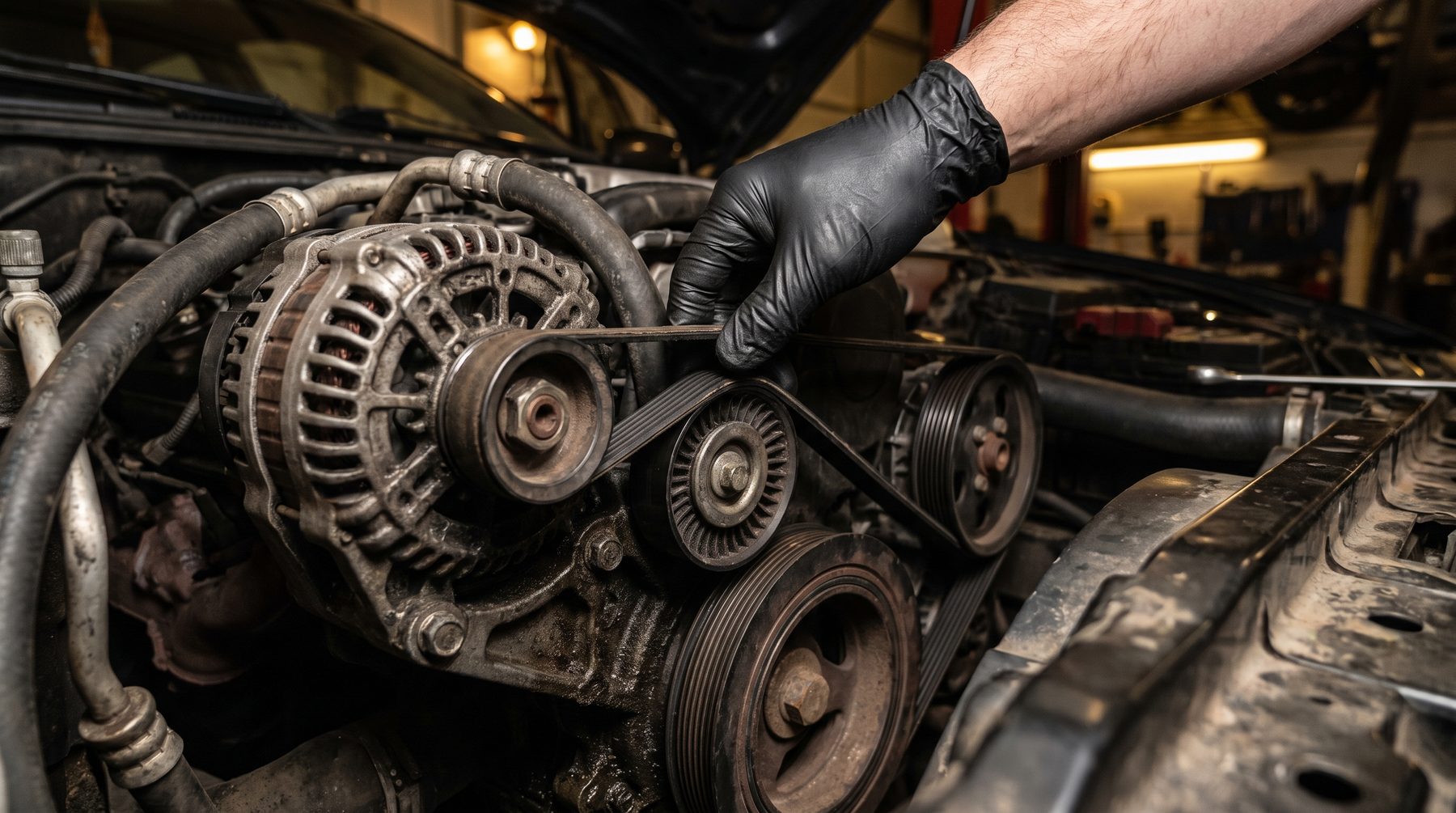 Serpentine auxiliary drive belt routed around engine pulleys