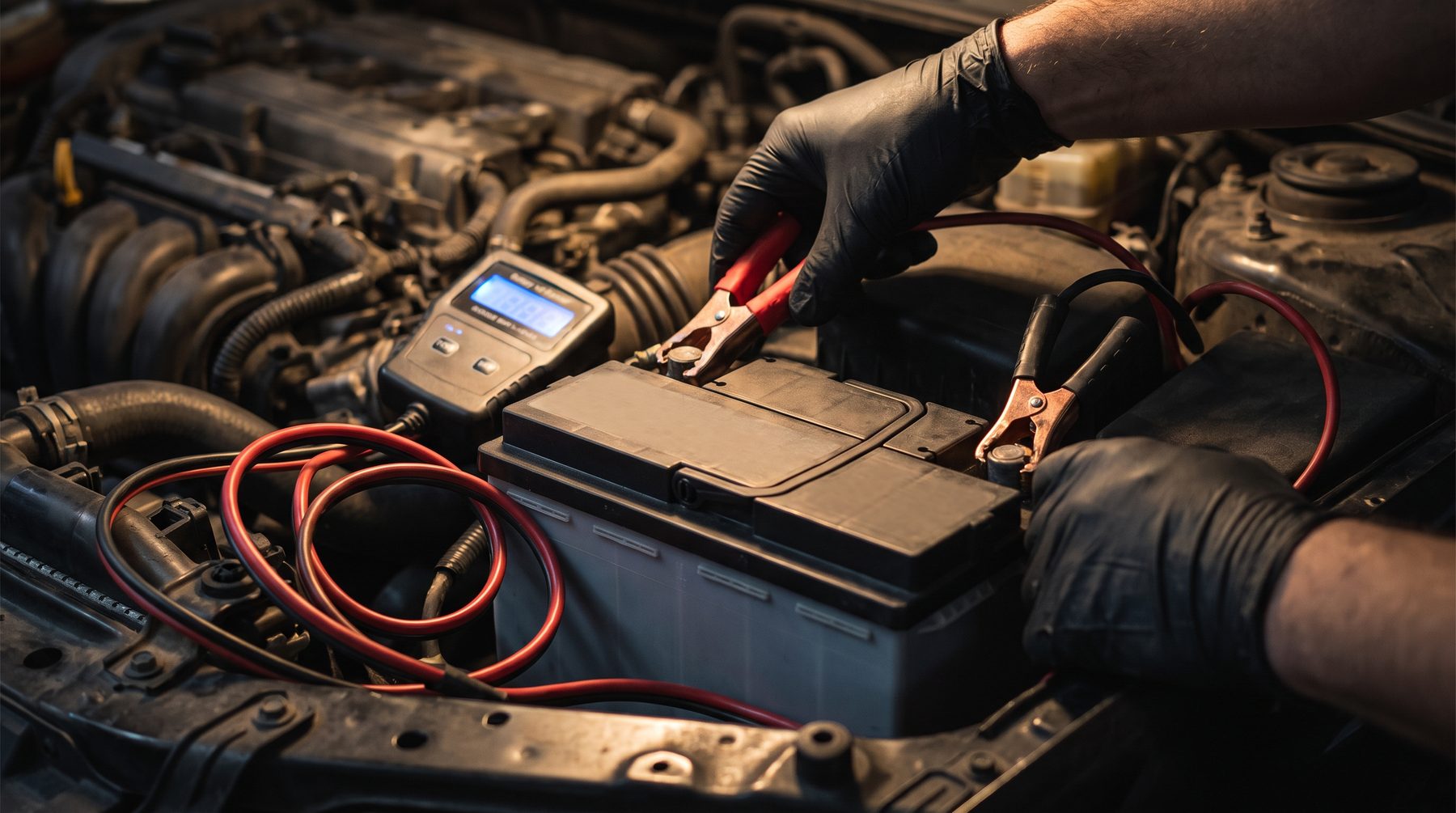 Gloved hands testing a car battery with a digital battery tester