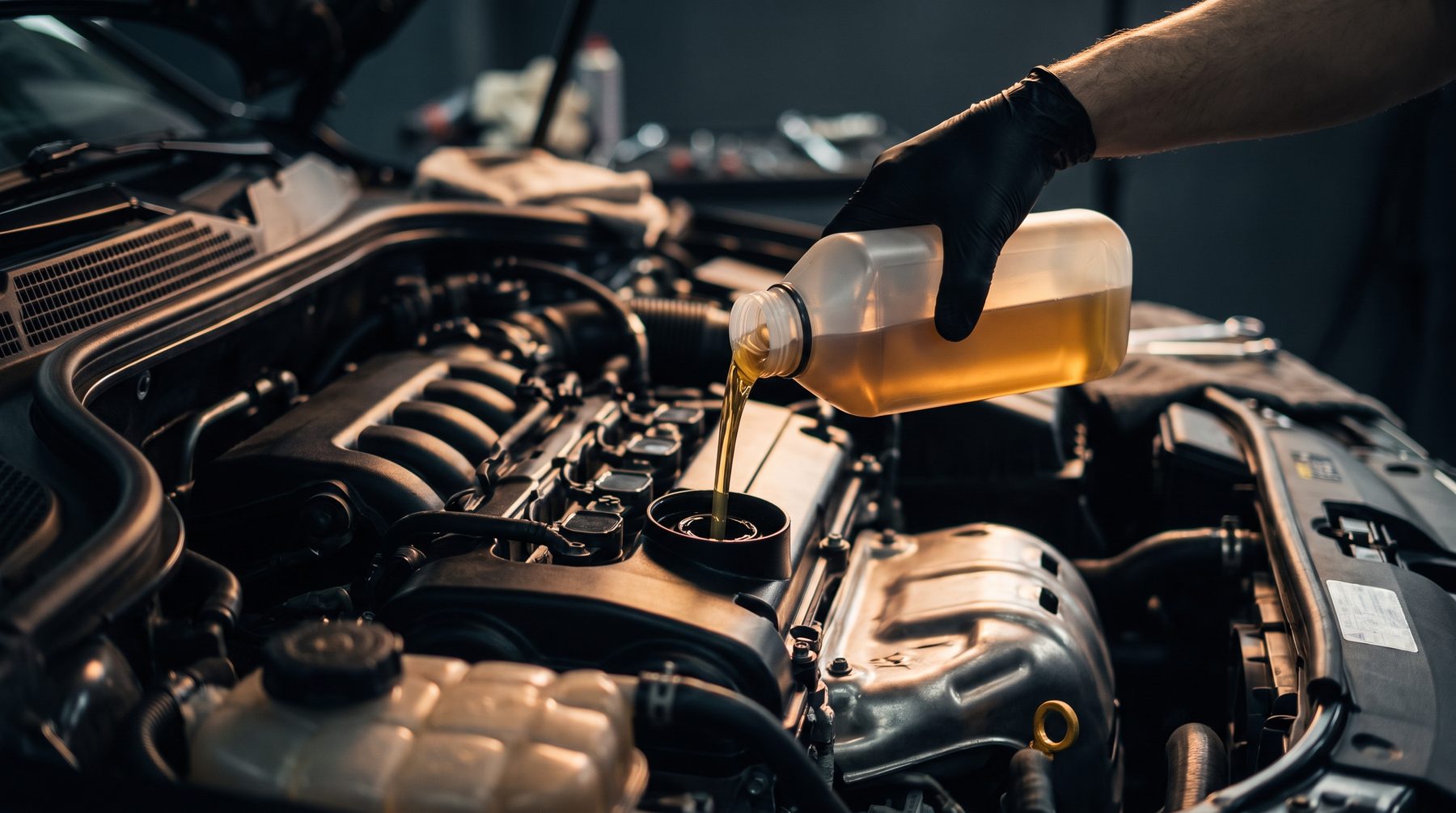 Gloved hand pouring fresh engine oil into a car engine during a service