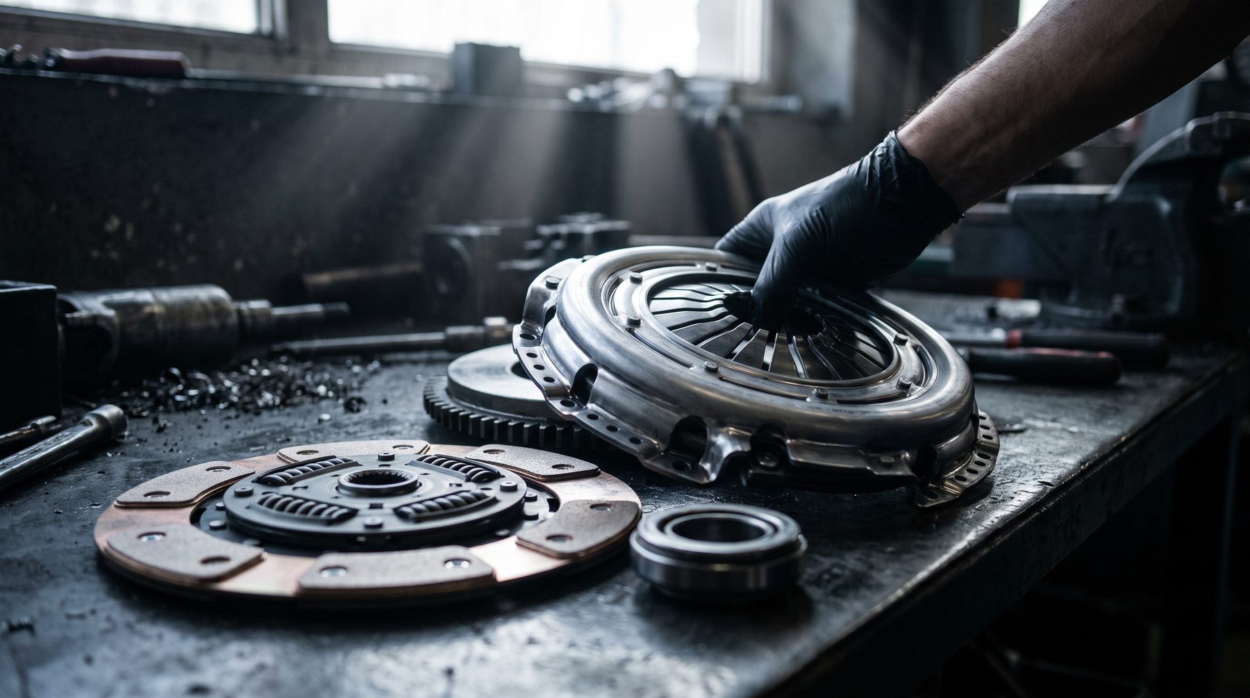 New clutch kit with pressure plate and friction disc on a workbench