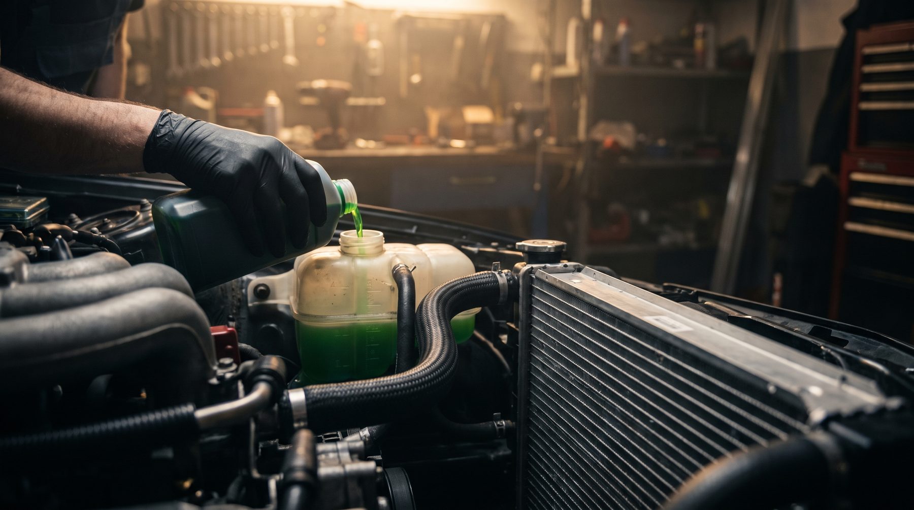 Car cooling system with radiator, hoses and coolant expansion tank