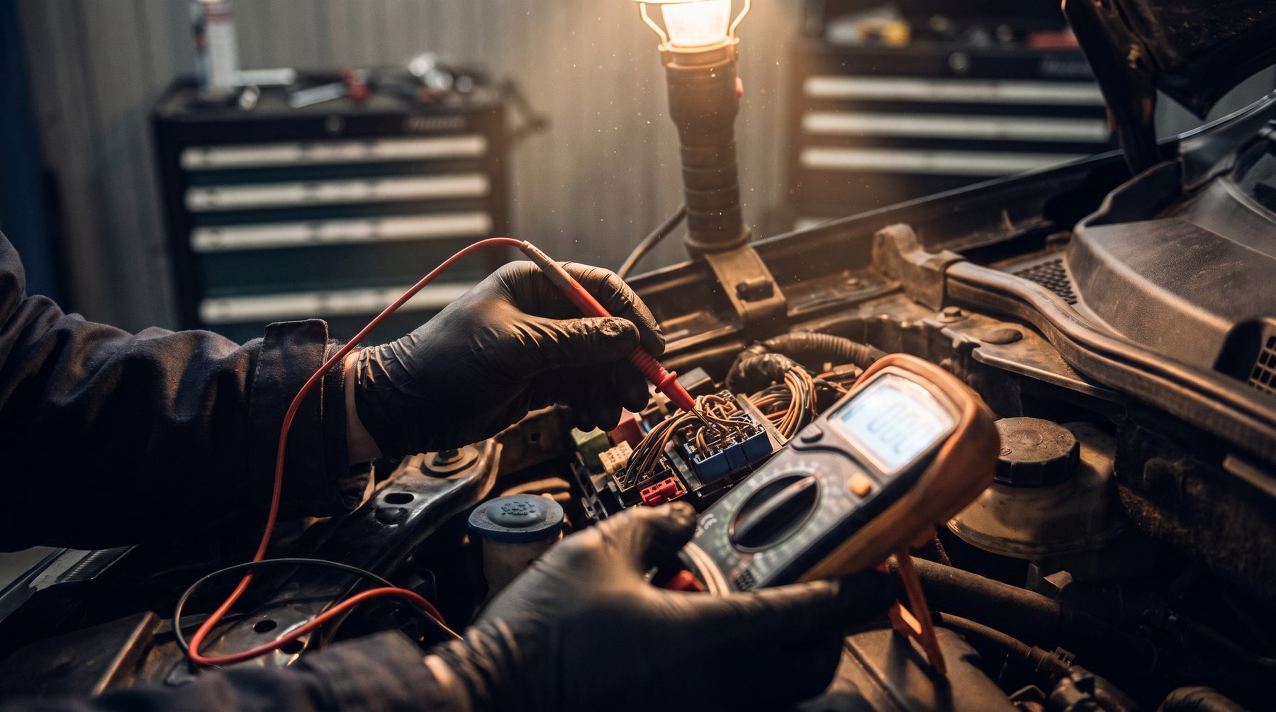 Gloved hands testing a car fuse box with multimeter probes