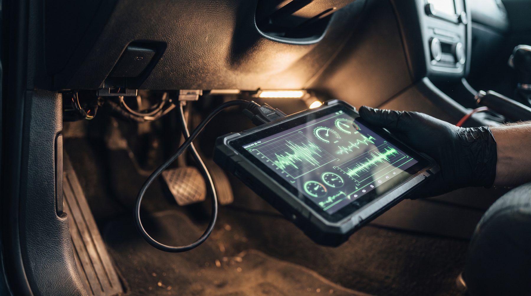 Diagnostic tablet with live engine data plugged into a car's OBD port