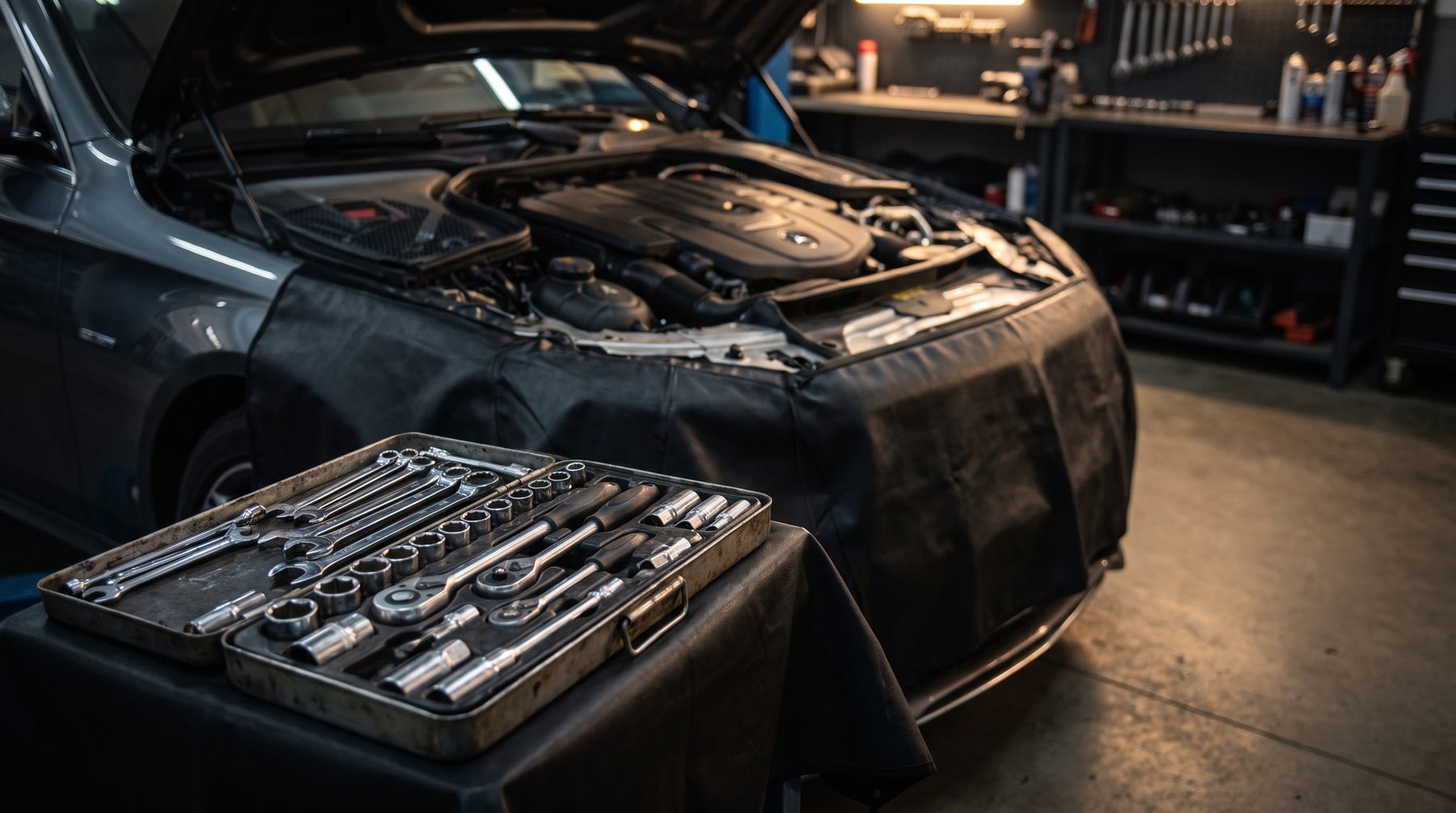 Tool tray with ratchets and spanners on a wing cover over an open engine bay
