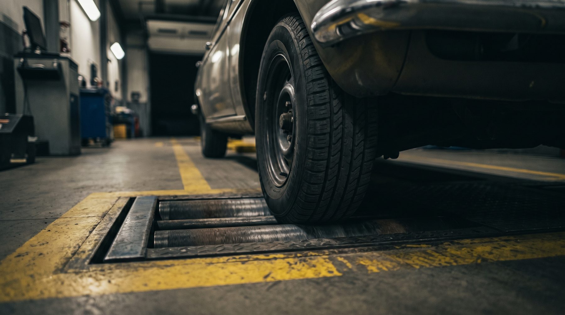 Car tyre resting on the rollers of an MOT brake tester