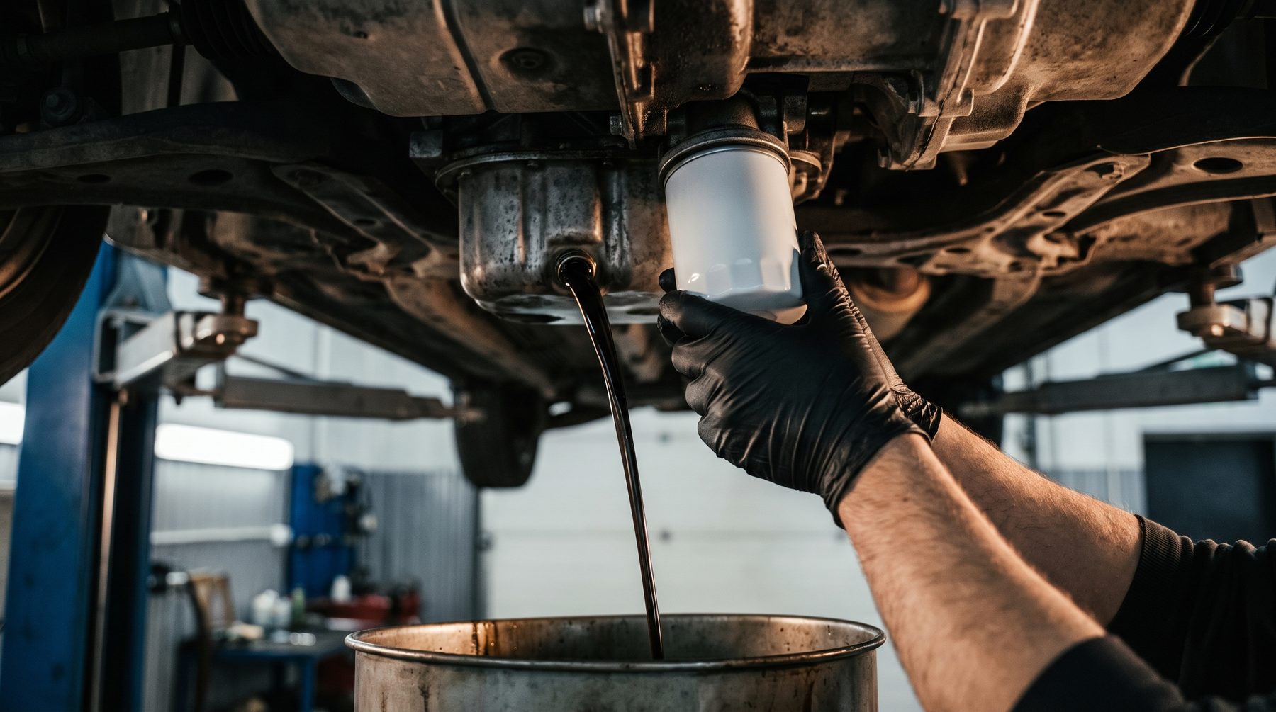Gloved hands fitting a new oil filter under a car as old oil drains