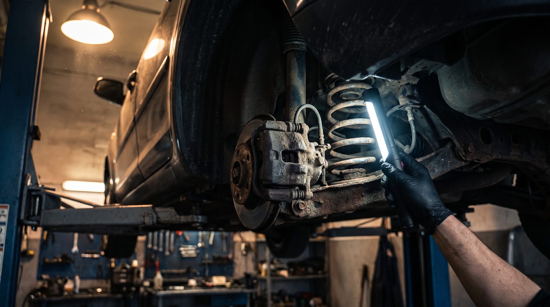 Inspection lamp lighting up the underside of a car on a lift