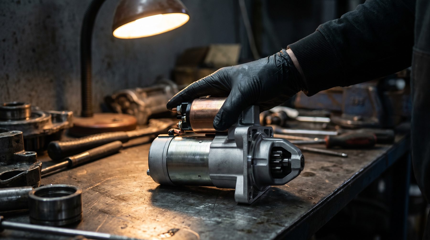 New car starter motor with solenoid and pinion gear on a workbench