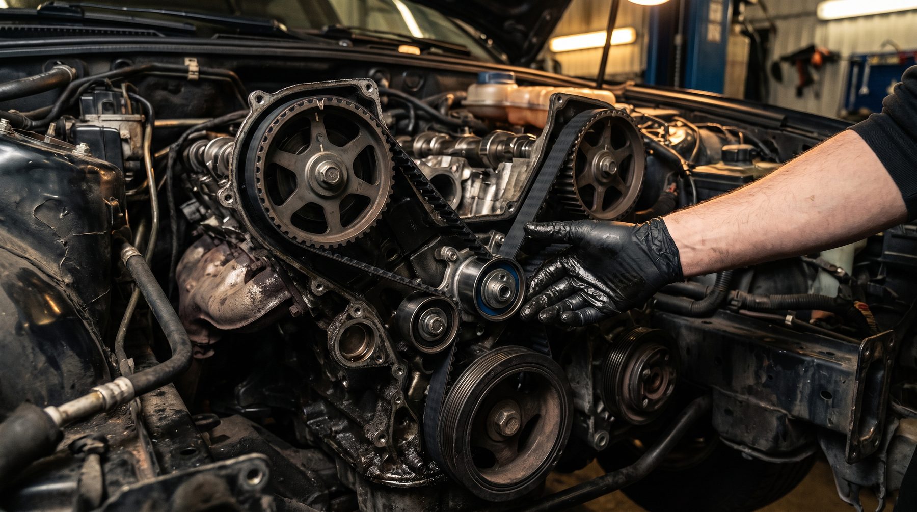 New timing belt fitted around camshaft pulleys on a car engine