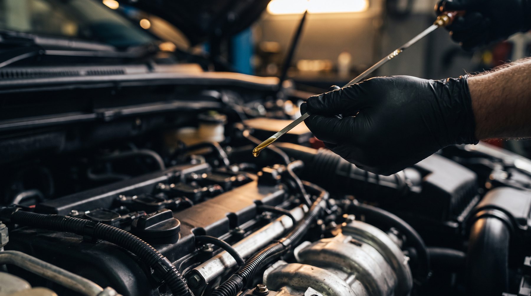 Gloved hand checking an engine oil dipstick during a vehicle health check