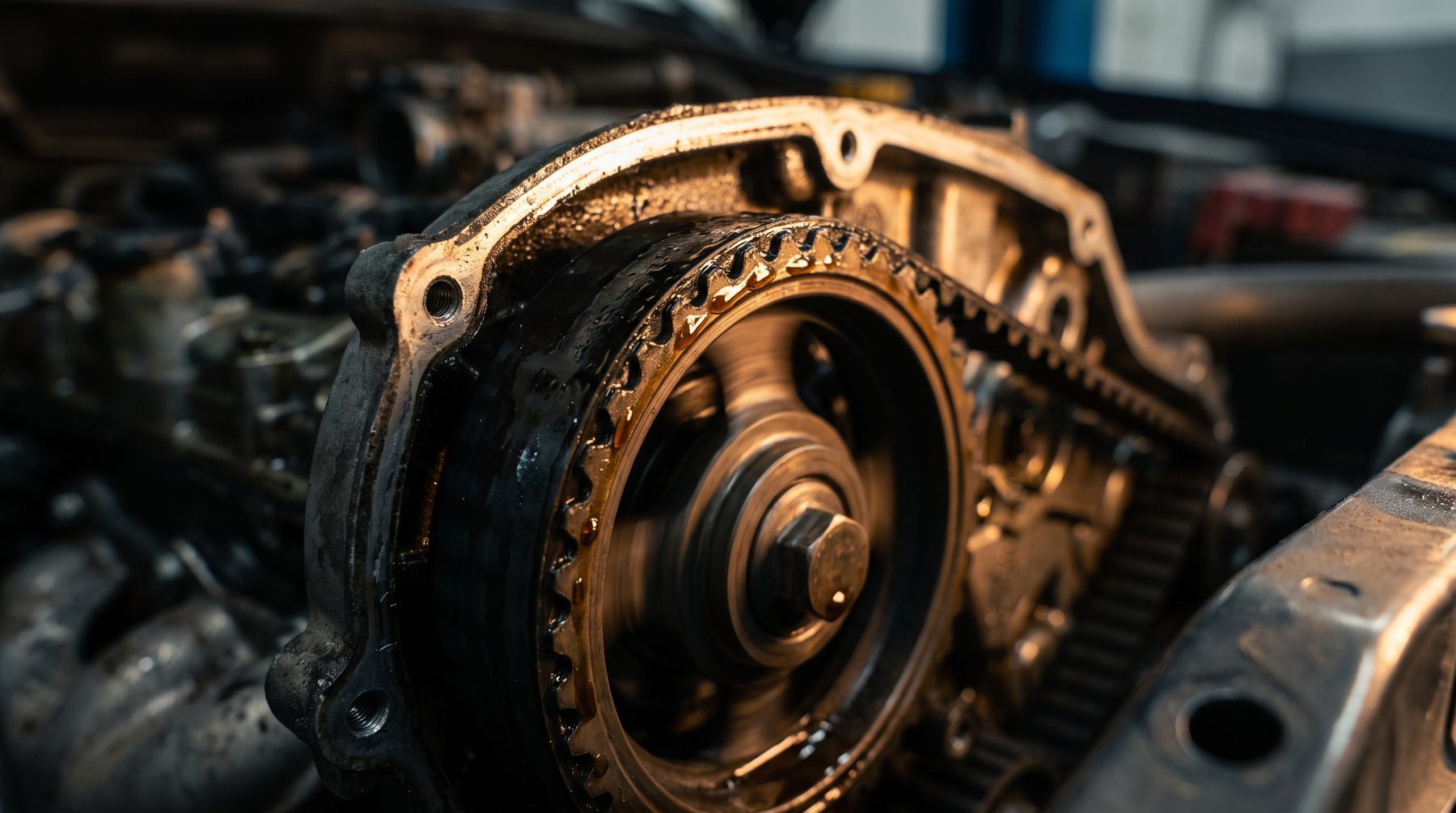 Oil-bathed wet timing belt running around a sprocket inside an engine