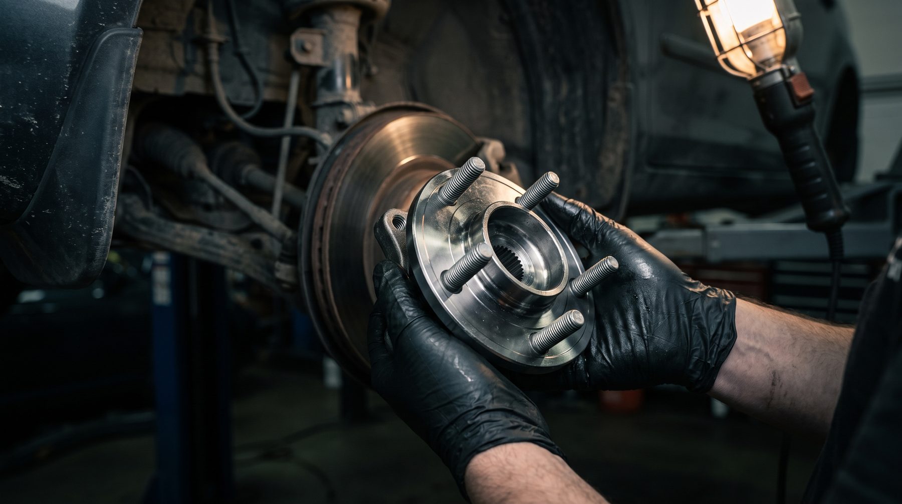 New wheel bearing hub assembly held in front of a car hub