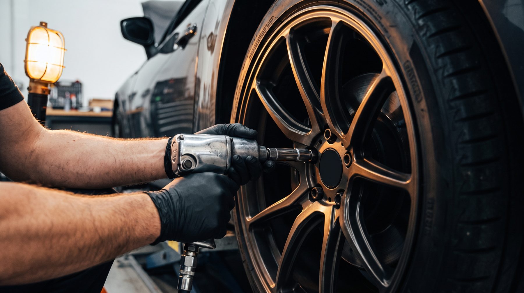 Mechanic using an impact wrench on a wheel nut of a bronze alloy wheel
