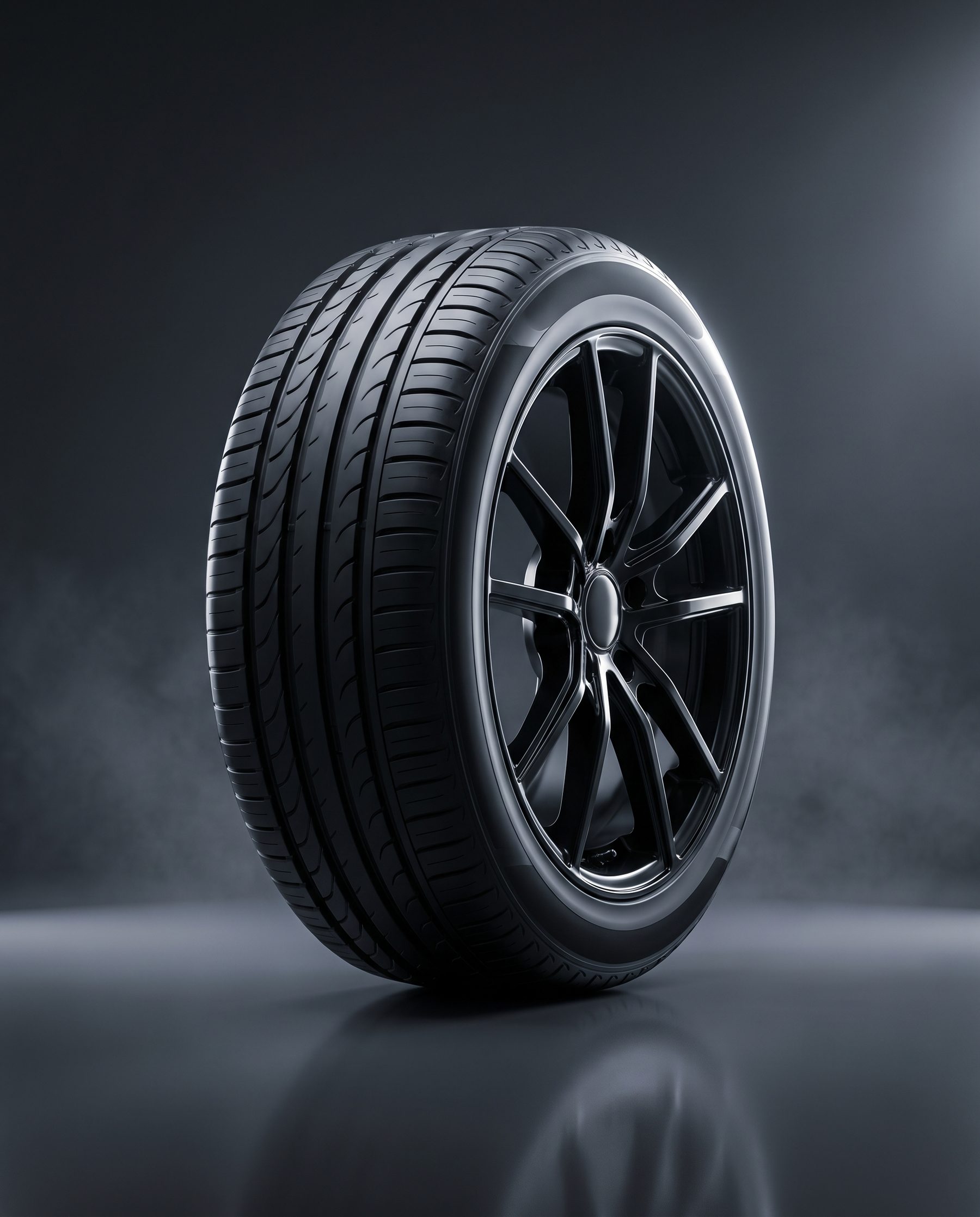 Premium performance tyre on a black alloy wheel in a dark studio