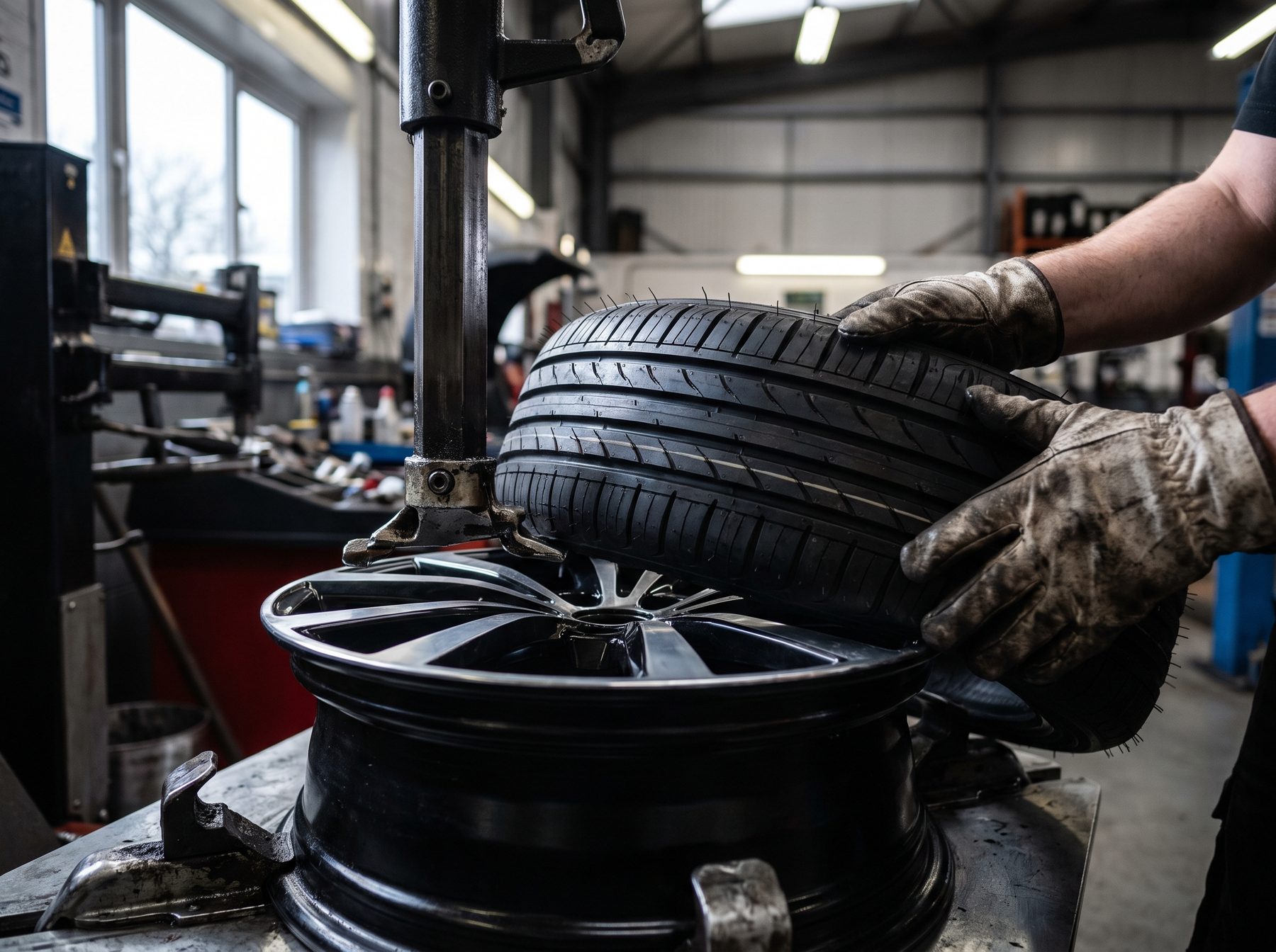 New tyre being fitted onto a black alloy wheel on a tyre-changing machine