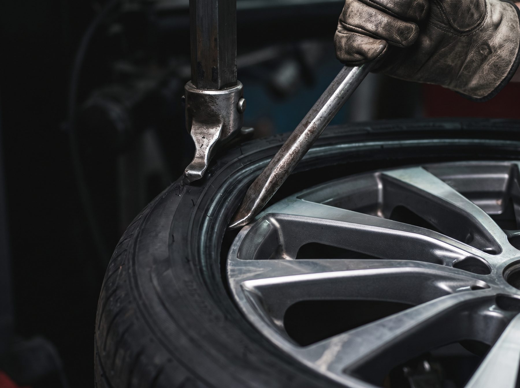 Tyre being fitted to an alloy wheel on a tyre machine
