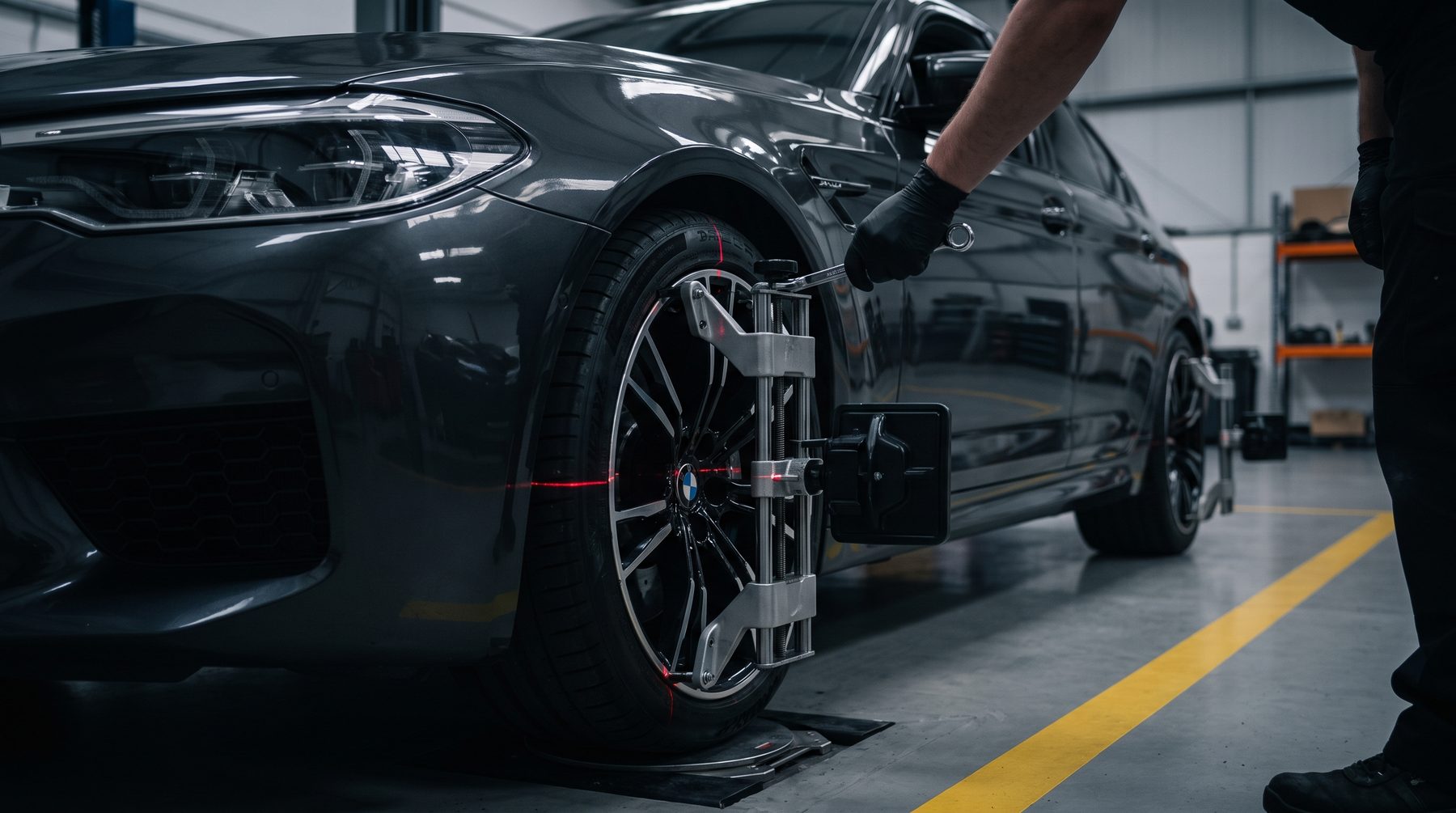 Laser wheel alignment clamp fitted to the front wheel of a dark saloon