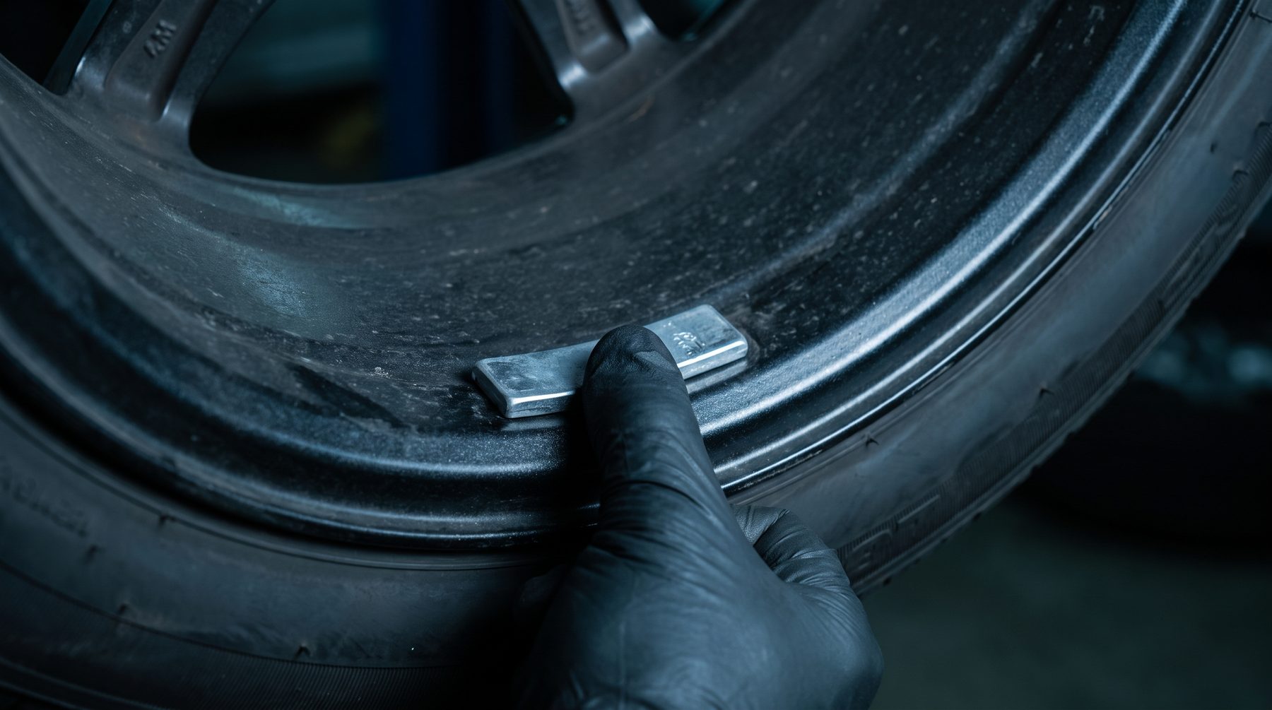 Gloved thumb pressing a balancing weight onto the inside of an alloy wheel